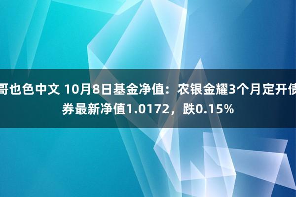 哥也色中文 10月8日基金净值：农银金耀3个月定开债券最新净值1.0172，跌0.15%